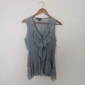 Gemstone Ruffle Crochet Lace Blouse Women's Large Gray Boho Fairycore Sleeveless